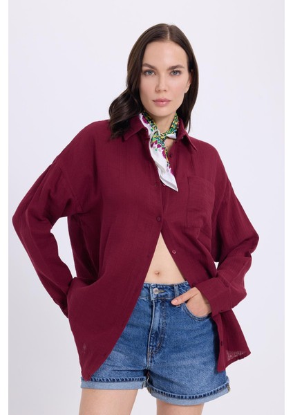 Kadın Oversize Geniş Kesim %100 Pamuk Müslin Kumaş Uzun Kollu Cepli Dokulu Bordo Gömlek