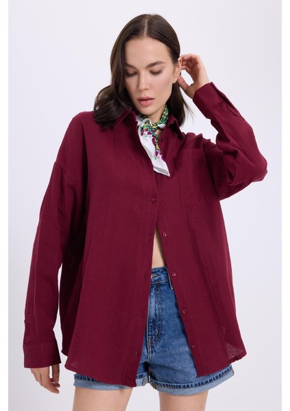 Kadın Oversize Geniş Kesim %100 Pamuk Müslin Kumaş Uzun Kollu Cepli Dokulu Bordo Gömlek fiyatları