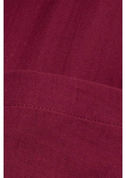 Kadın Oversize Geniş Kesim %100 Pamuk Müslin Kumaş Uzun Kollu Cepli Dokulu Bordo Gömlek