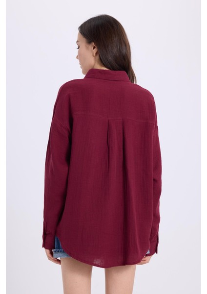 Kadın Oversize Geniş Kesim %100 Pamuk Müslin Kumaş Uzun Kollu Cepli Dokulu Bordo Gömlek
