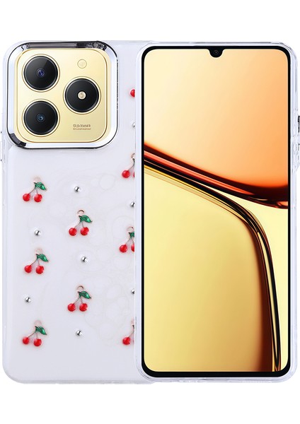 Realme C61 Kılıf Kamera Koruyucu Simli Kiraz Desenli Kabartmalı Şeffaf Slikon Kapak