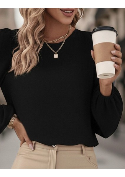 Kadın Uzun Kollu Yuvarlak Yaka Arkadan Bağcıklı Salaş Ithal Krep Bluz
