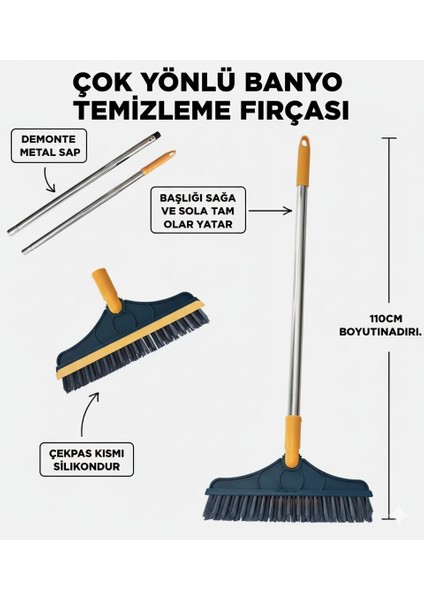 Banyo Temizleme Fırçası Silikon Çekpaslı 110 cm / Fayans Temizleme Çekpası / Sağa Sola Yatan Başlık