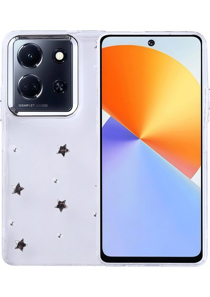 Infinix Note 30 4g Kılıf Kamera Koruyucu Simli Yıldız Desenli Kabartmalı Şeffaf Slikon Kapak