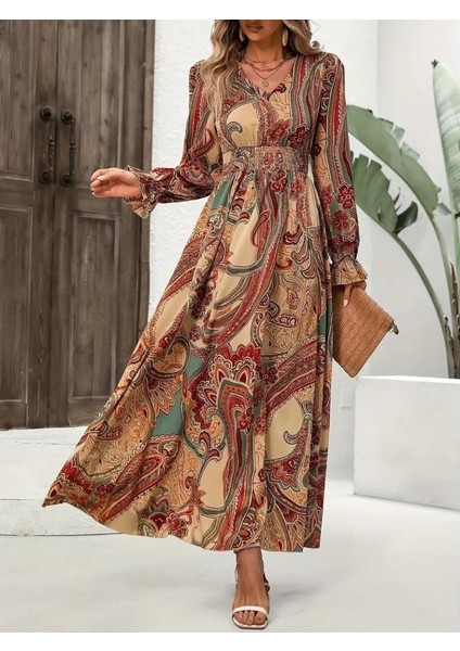 Kadın Uzun Kollu V Yakalı Beli Lastikli Desenli Süprem Elbise