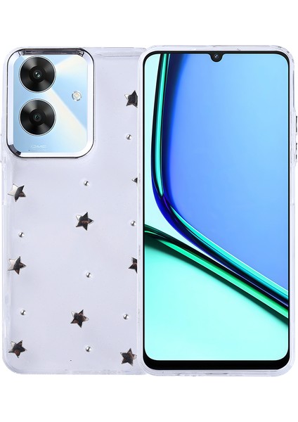 Realme Note 60 Kılıf Kamera Koruyucu Simli Yıldız Desenli Kabartmalı Şeffaf Slikon Kapak