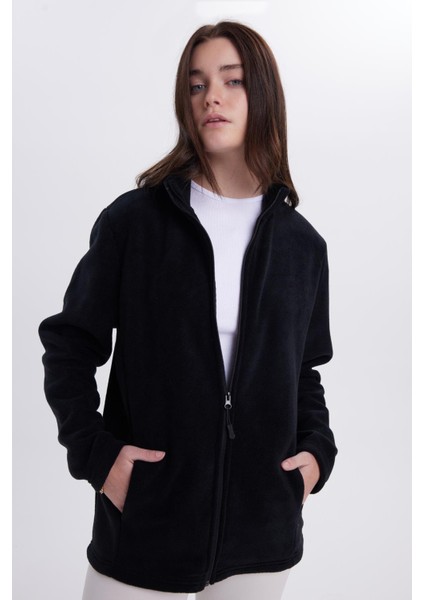 Kadın Siyah Anti-Pilling Tüylenme Yapmayan Standart Fit Tam Fermuarlı Soğuk Geçirmez Polar Hırka