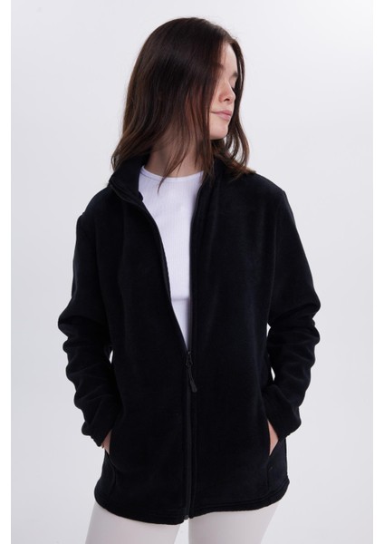 Kadın Siyah Anti-Pilling Tüylenme Yapmayan Standart Fit Tam Fermuarlı Soğuk Geçirmez Polar Hırka fiyatları