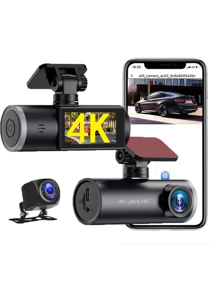 4K Wifi 3-Kameralı Araç Kamerası – Ön + Iç + Arka, Mobil App Kontrolü, Kesintisiz Kayıt & Full Hd Gece Görüş