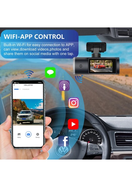 4K Wifi 3-Kameralı Araç Kamerası – Ön + Iç + Arka, Mobil App Kontrolü, Kesintisiz Kayıt & Full Hd Gece Görüş