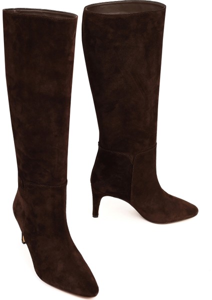 Kadın Kahverengi Ince Topuklu Süet Deri Çizme 25WFD161410