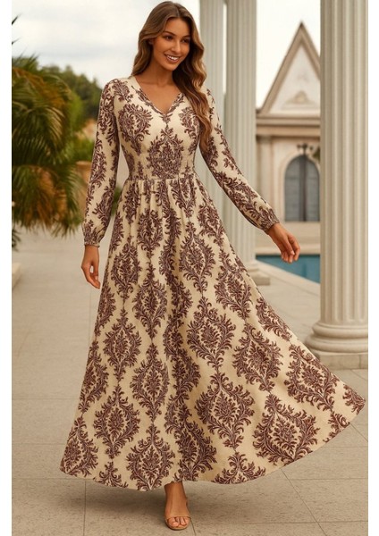 Kadın Uzun Kollu V Yakalı Desenli Süprem Elbise