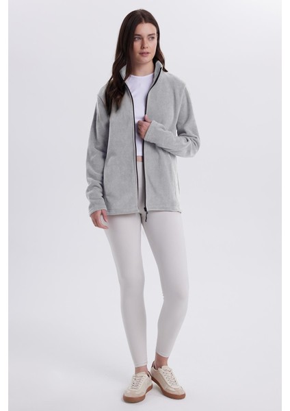 Kadın Anti-Pilling Tüylenme Yapmayan Standart Fit Tam Fermuarlı Soğuk Geçirmez Gri Polar Hırka fırsatları