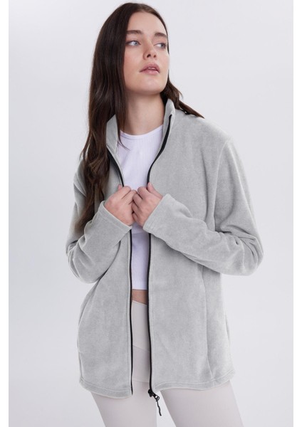 Kadın Anti-Pilling Tüylenme Yapmayan Standart Fit Tam Fermuarlı Soğuk Geçirmez Gri Polar Hırka indirimleri