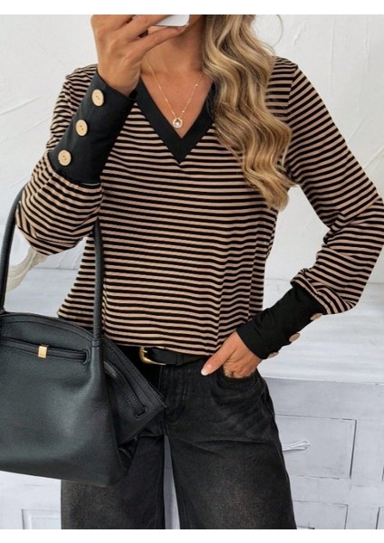 Kadın Uzun Kollu V Yakalı Desenli Süprem Bluz