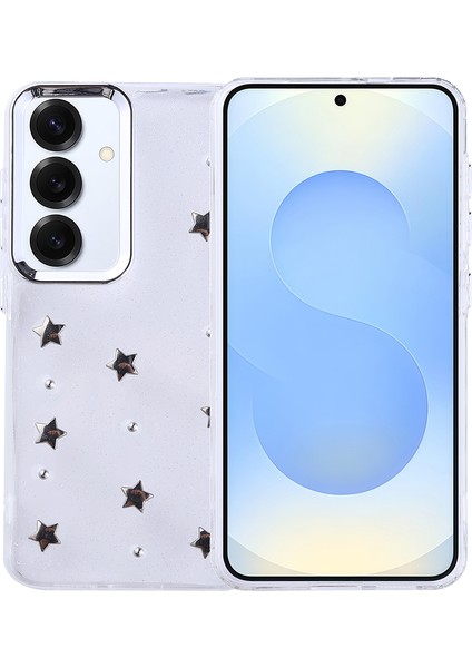 Samsung Galaxy S25 Uyumlu Kılıf Kamera Koruyucu Simli Yıldız Desenli Kabartmalı Şeffaf Slikon Kapak