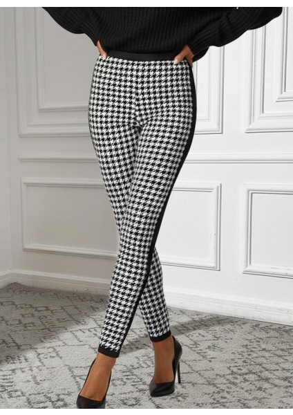 Kadın Yüksek Bel Kaz Ayağı Desenli Yanları Şeritli Dalgıç Pantolon