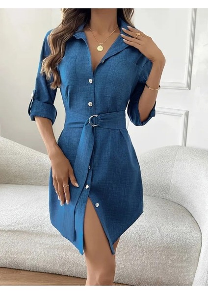 Kadın Uzun Kollu Yakalı Önden Düğmeli Beli Kuşaklı Mini Ithal Keten Elbise indirimleri