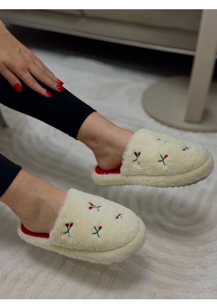 Kiraz Nakışlı Yazlık Kışlık Pofuduk Kadın Ev Terliği Çeyizlik Terlik Kaymaz Taban modelleri