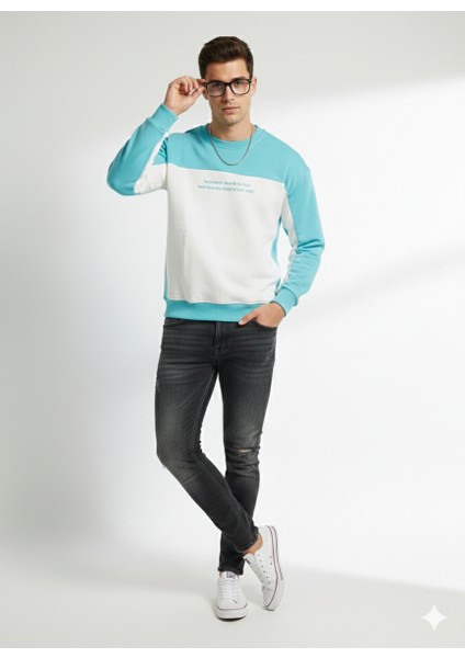 Erkek Bisiklet Yaka Çift Iplikli Baskılı Içi Pamuklu Sweatshirt