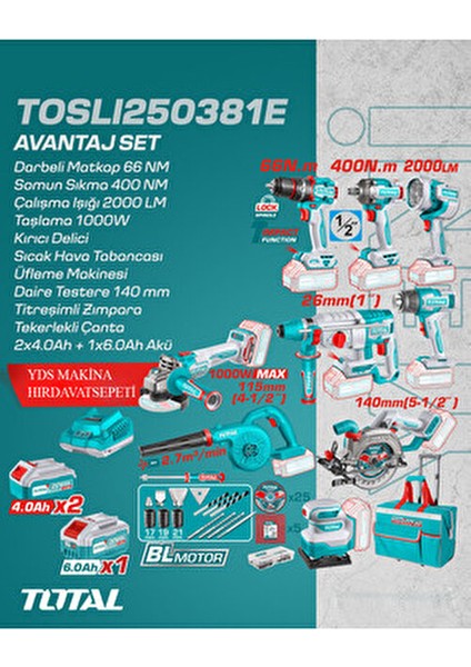 9'lu Akülü Taşlama Darbeli Matkap Set 4.0 Ah 6.0 Ah Üç Akü Profesyonel Çantalı ve Aksesuarları