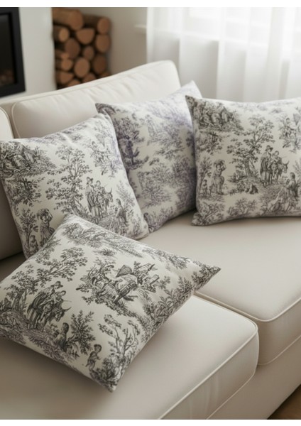 Fransız Köylüler Rustik Dekoratif 4'lü Yastık Kırlent Kılıfı Takımı