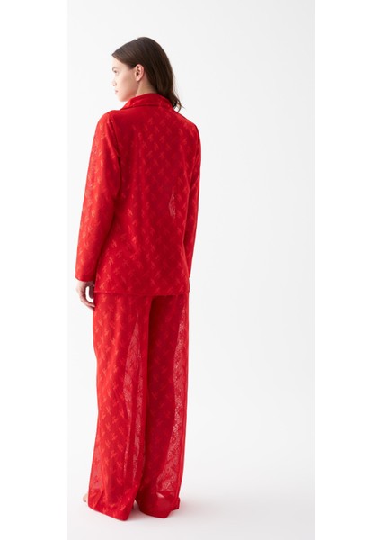 Kadın Kırmızı Şeffaf Jakar Düğmeli Pijama Takımı
