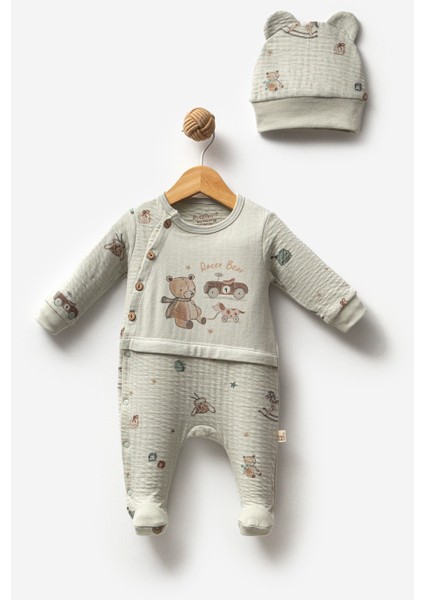 %100 Organik Pamuk Sürücü Ayı Erkek Bebek Şapkalı Patikli Tulum