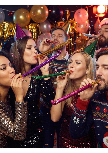 30 cm Parlak Püsküllü Yılanlı Kaynana Dili Düdük – 4'lü Parti Seti