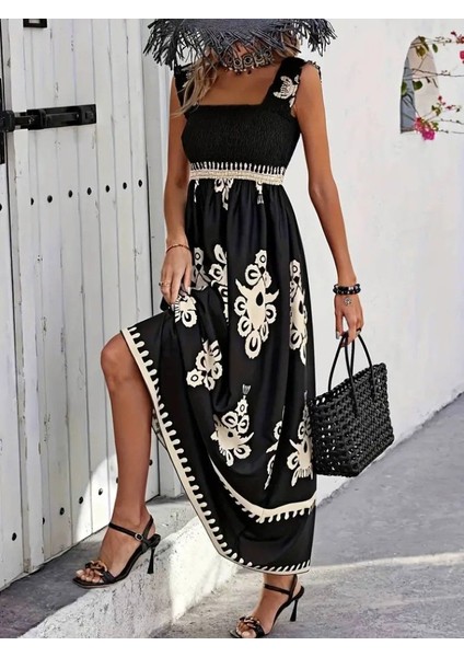 Kadın Askılı Kare Yaka Gipe Detaylı Desenli Suprem Elbise