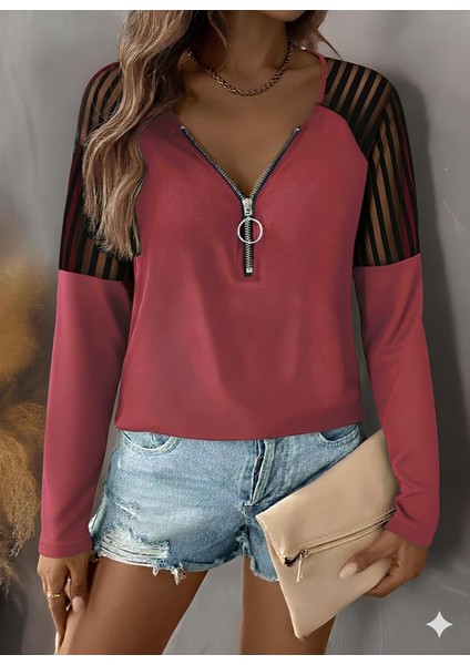Kadın Uzun Kollu Yakadan Fermuarlı Viskon Bluz fiyatları