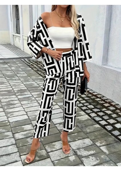 Kadın Uzun Kollu Önü Açık Desenli Iki Iplik Ceket ve Pantolon Ikili Takım modelleri