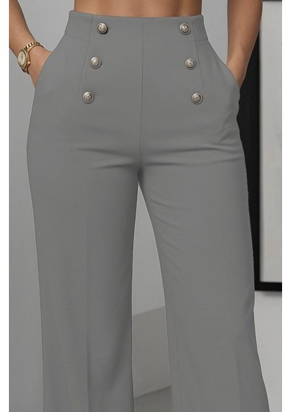 Kadın Yüksek Bel Önden Düğmeli Uzun Paçaya Doğru Geniş Ithal Krep Pantolon
