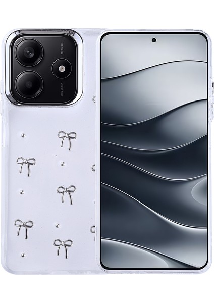 Xiaomi Redmi Note 14 4g Kılıf Kamera Koruyucu Simli Fiyonk Desenli Kabartmalı Şeffaf Slikon Kapak