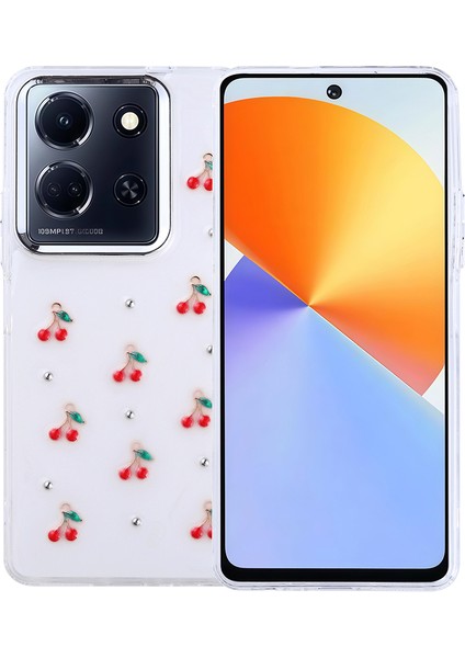 Infinix Note 30 5g Kılıf Kamera Koruyucu Simli Kiraz Desenli Kabartmalı Şeffaf Slikon Kapak
