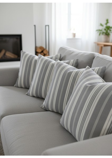 DEALP HOME Gri Beyaz Çizgili Dekoratif 4'lü Yastık Kırlent Kılıfı Takımı