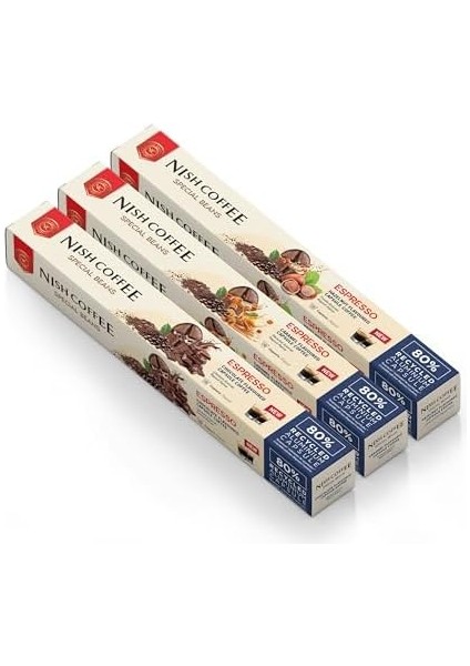 Nish Kahve Aromalı Kapsül Kahve 3&apos;lü Set Karamel Çikolata Fındık 30 Adet