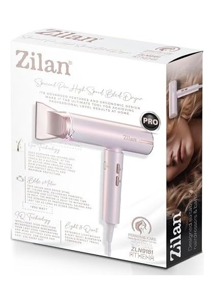 Zilan ZLN9181 Athena Pro Iyonizerli Saç Kurutma Fön Makinesi – 1800W Güç, 3 Isı ve 3 Hız Ayarı, Bldc Motor 110.000 Devir/dakika, Iyon Saç Kurutma, Özel ve Kuaför Için, Iq Teknolojisi