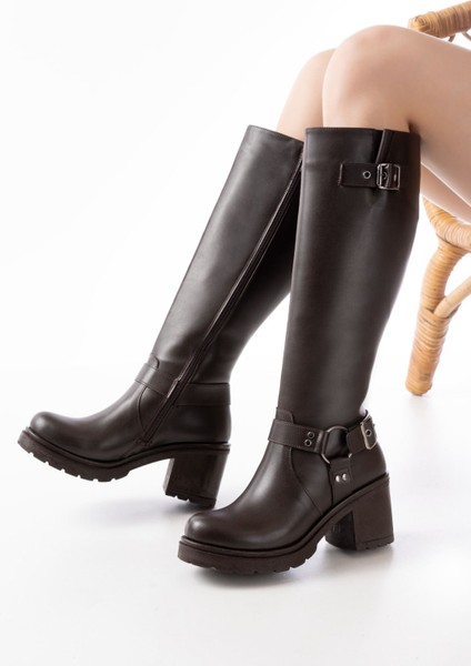 ZRİN-3005 Premium Kahverengi Toka Aksesuarlı Fermuarlı Topuklu Kadın Çizme modelleri