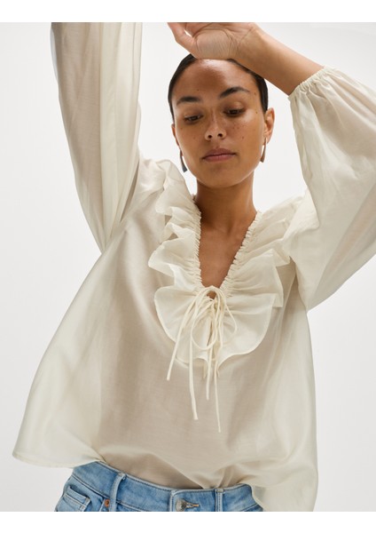 Lyocell Karışımlı Volan Detaylı V Yaka Bluz