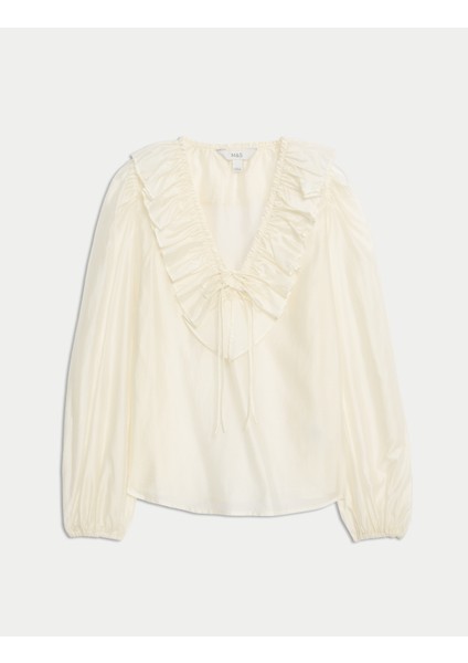 Lyocell Karışımlı Volan Detaylı V Yaka Bluz