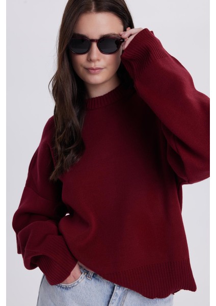 Kadın Oversize Geniş Kesim Bisiklet Yaka bordo Kazak