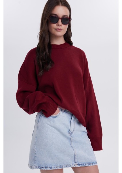 Kadın Oversize Geniş Kesim Bisiklet Yaka bordo Kazak fiyatları