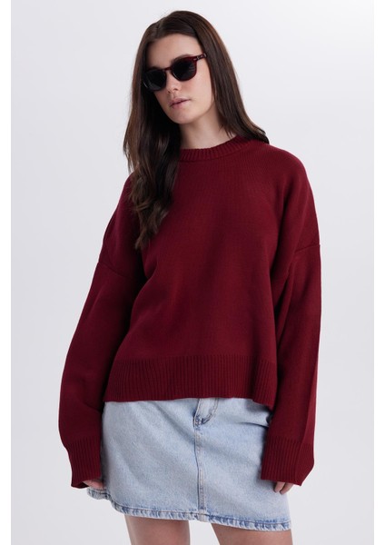 Kadın Oversize Geniş Kesim Bisiklet Yaka bordo Kazak indirimleri