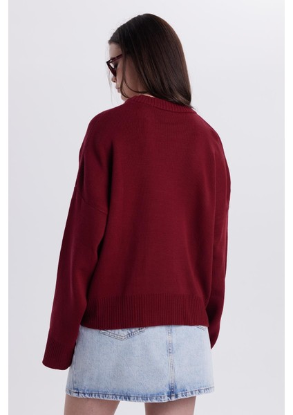 Kadın Oversize Geniş Kesim Bisiklet Yaka bordo Kazak