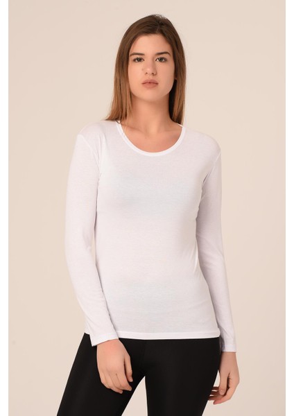 Yuvarlak Yaka Uzun Kollu Pamuklu Beyaz Body