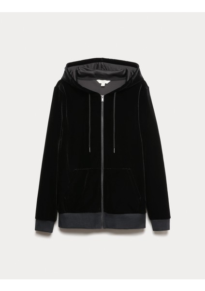 Kadife Kapüşonlu Fermuarlı Hırka