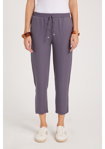 Kadın Relax Fit Rahat Kesim Yüksel Bel Dar Paça Beli Lastikli Bağcıklı antrasit Pantolon