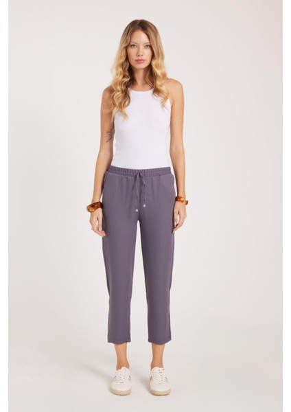Kadın Relax Fit Rahat Kesim Yüksel Bel Dar Paça Beli Lastikli Bağcıklı antrasit Pantolon fiyatları