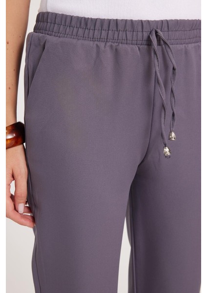 Kadın Relax Fit Rahat Kesim Yüksel Bel Dar Paça Beli Lastikli Bağcıklı antrasit Pantolon modelleri